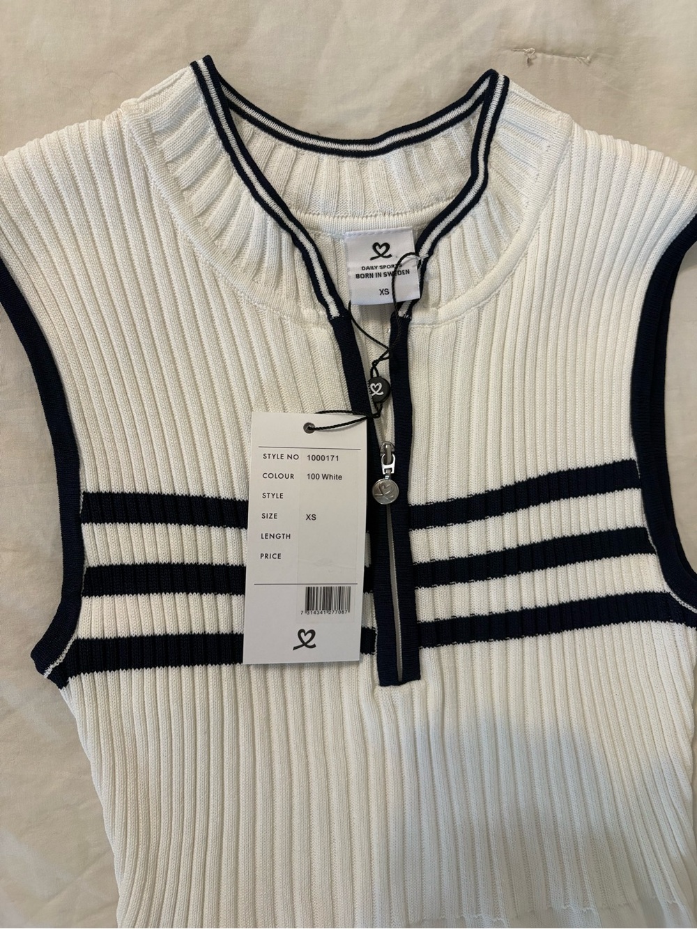Daily Sports Awara Dress White Ribbed Zip-Front with Navy Stripes